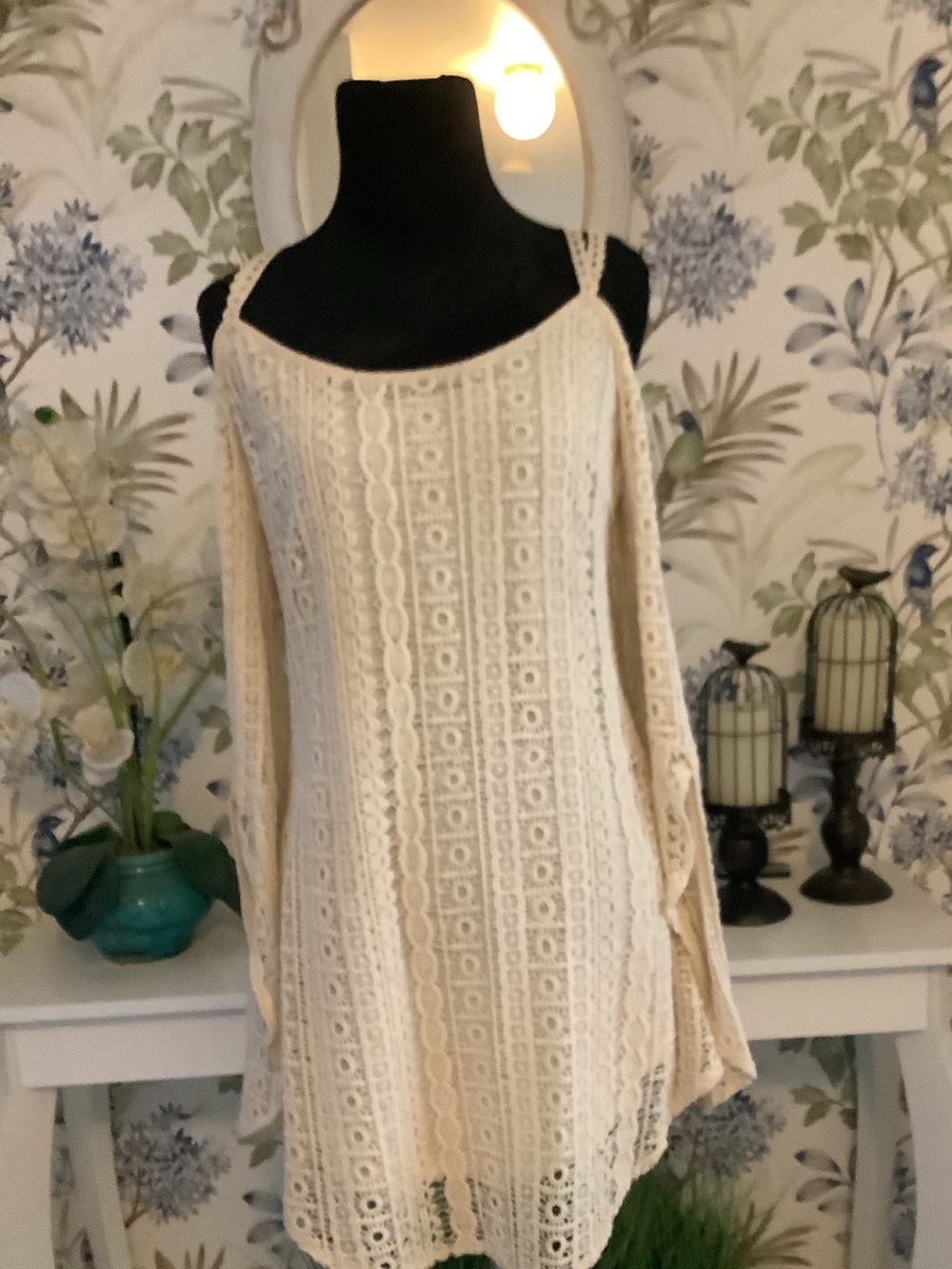 Crochet Cold-Shoulder Knit Tunic Dress in Cream